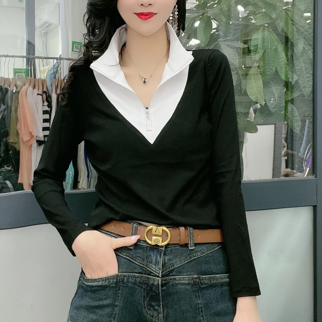 【众帆女装】 秋季新款网红洋气拼接修身大V半拉链时尚气质假两件
