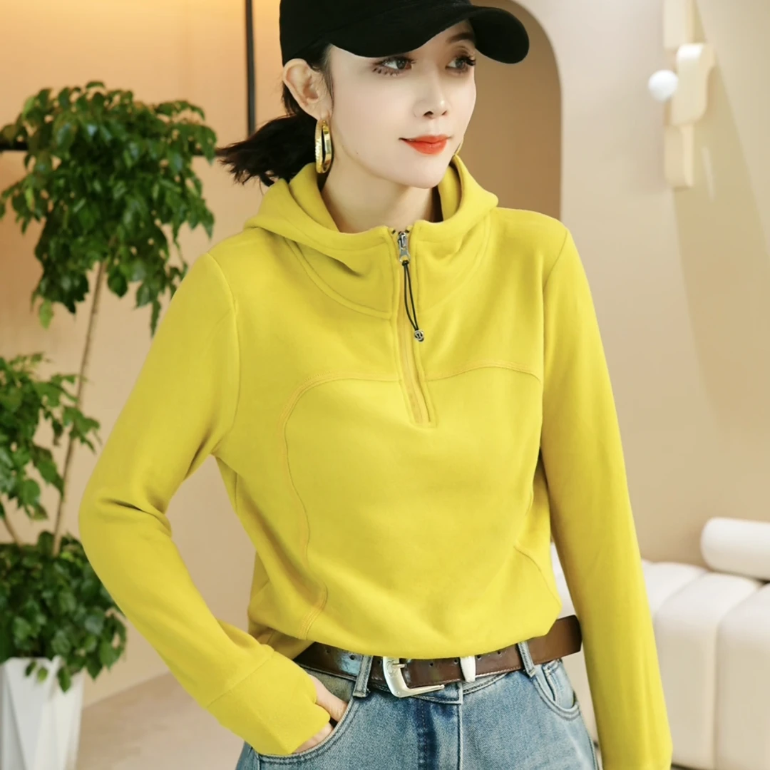 【众帆女装】秋冬双面绒时尚设计款半拉链休闲连帽女士减龄保暖卫衣