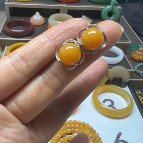 石英质玉（黄龙玉）耳饰银S925镶嵌小*耗