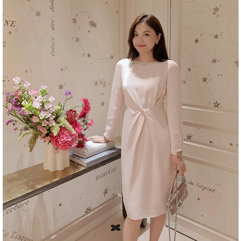 【琳媚】重磅桑蚕丝收腰褶皱水晶粉色连衣裙女