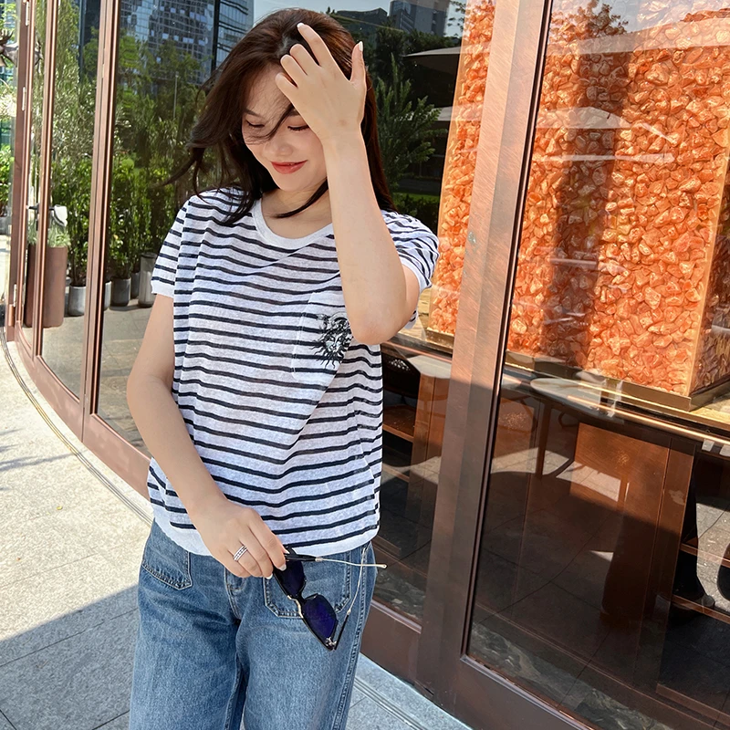 琳媚新款休闲百搭棉麻圆领短袖蓝白条纹上衣针织T恤女