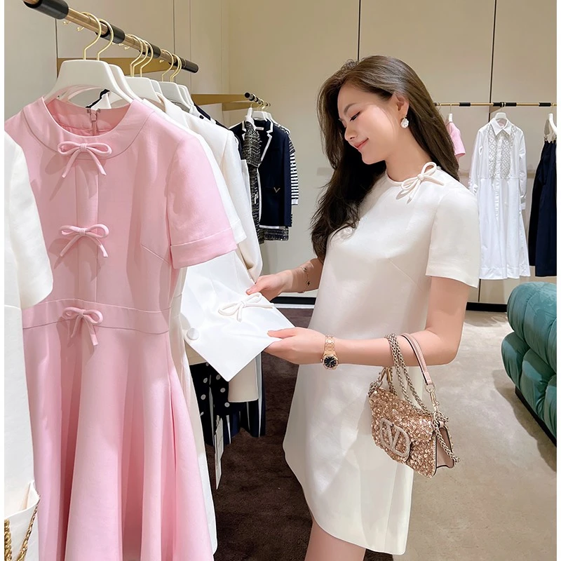 【琳媚】双色带蝴蝶结气质短袖袖休闲款连衣裙裙子女