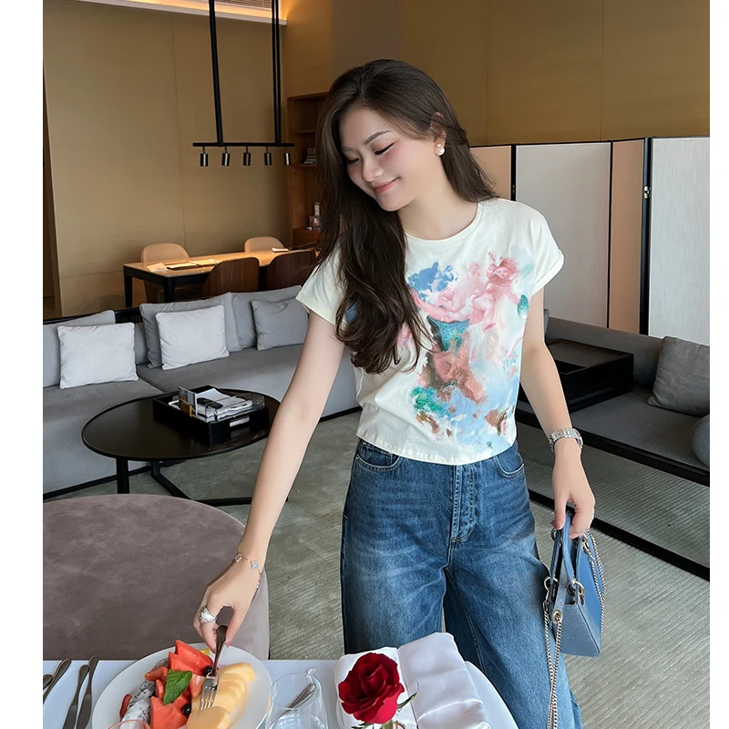 ＜琳媚＞新款＂100%棉印花油画T恤女出游情侣短袖