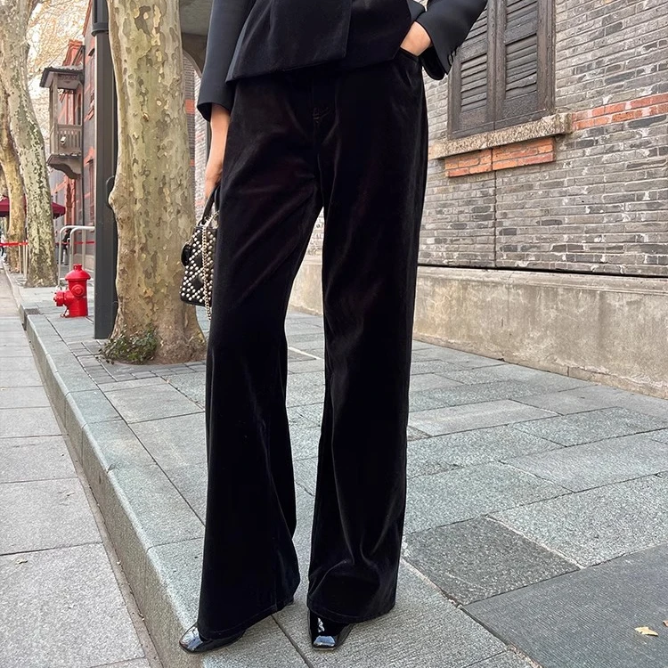 琳媚秋冬新款黑色花瓣松紧腰丝绒长裤时尚气质显瘦裤子