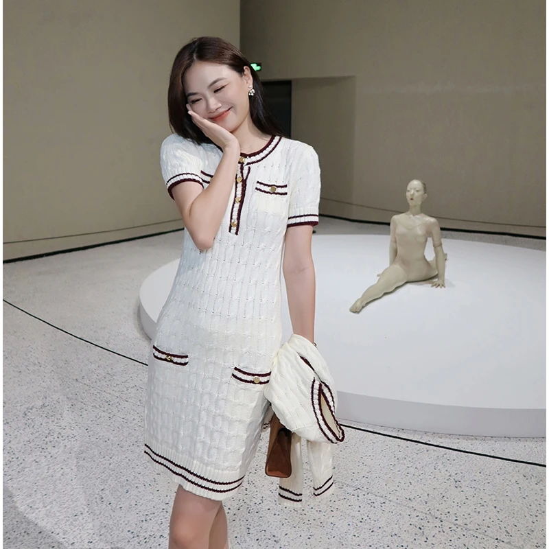 【琳媚】“连衣裙”编织绞花短袖针织连衣裙女