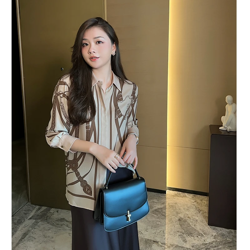 ＜琳媚＞新款＂锁链印花重磅桑蚕丝衬衫女上衣