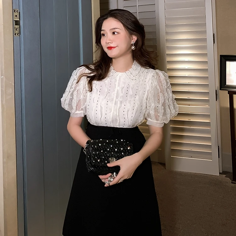 精致浪漫泡泡袖 腰间蝴蝶结点缀 A字手工钉钻礼服洋装裙连衣裙