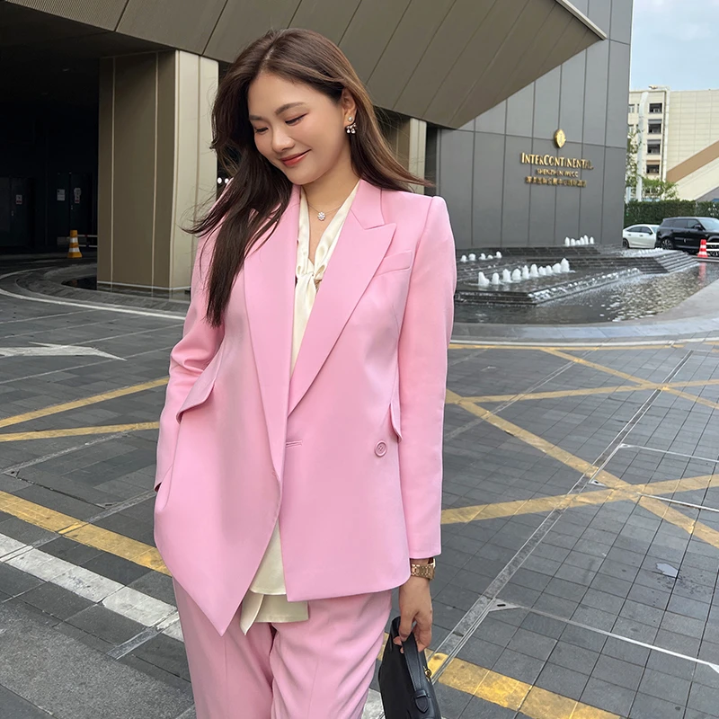 琳媚新款时尚明艳动人气质粉色不规则设计款西装外套女
