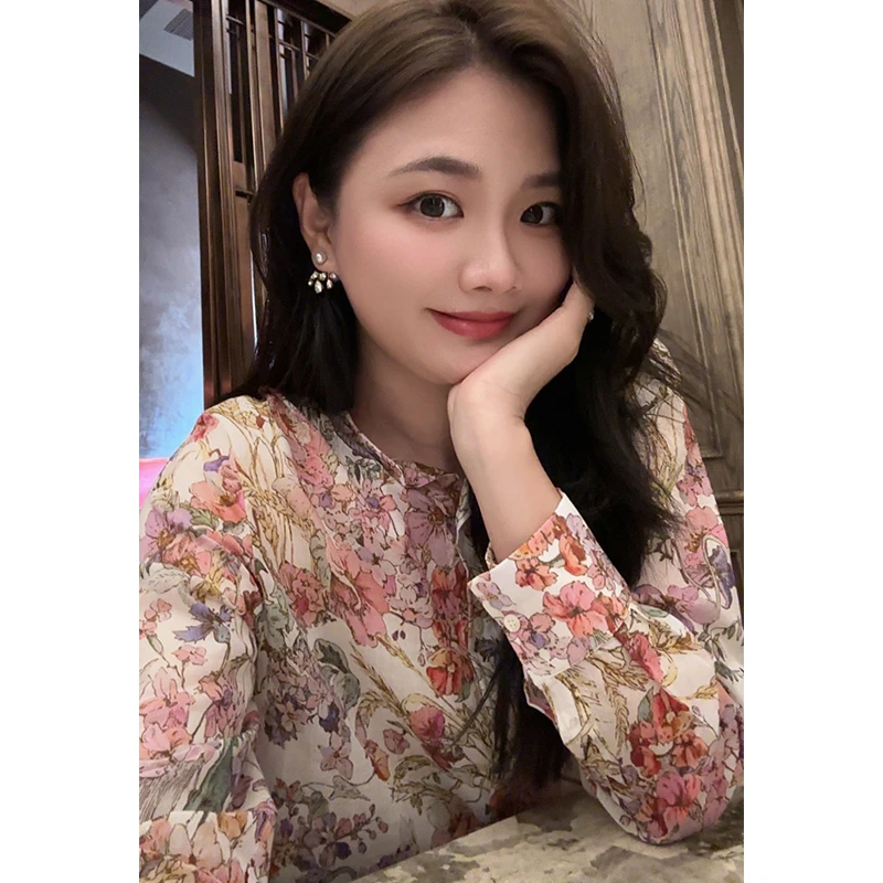琳媚新款浪漫风缤纷彩色花卉立领前短后长纯棉衬衫女