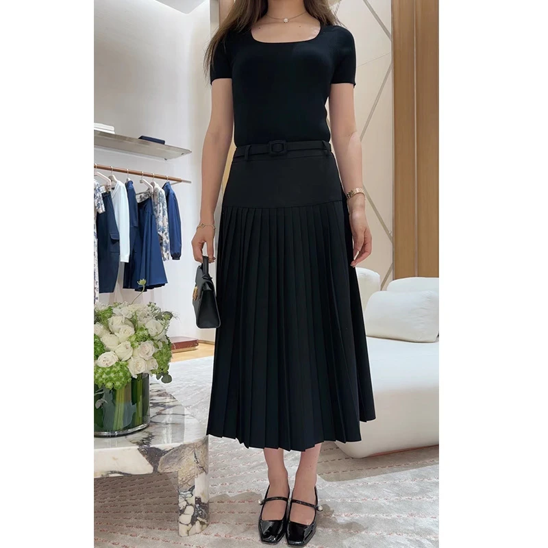 【琳媚】黑色休闲百搭高级黑色压褶长半裙女