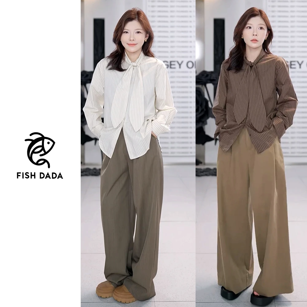 【文艺范】宽松竖条纹休闲感绑带衬衫