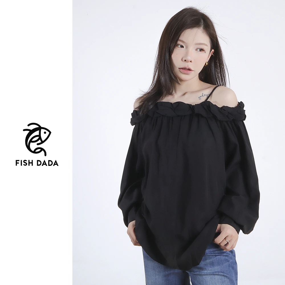 【绿豆沙】甜美设计感云朵一字肩吊带衬衫（采购下架）