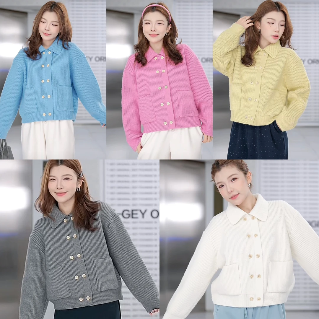 【水果软糖】复古POLO领子双排扣口袋针织开衫