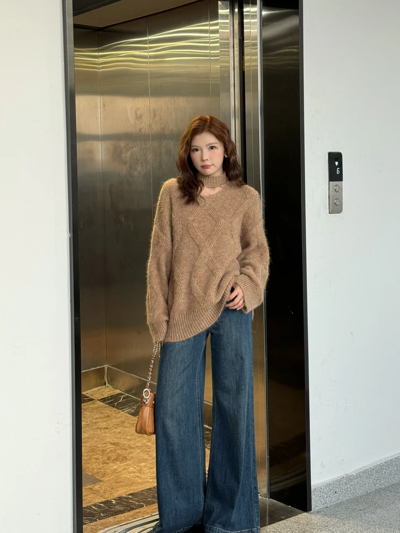 【北欧少女】慵懒菱格围脖休闲感大版毛衣