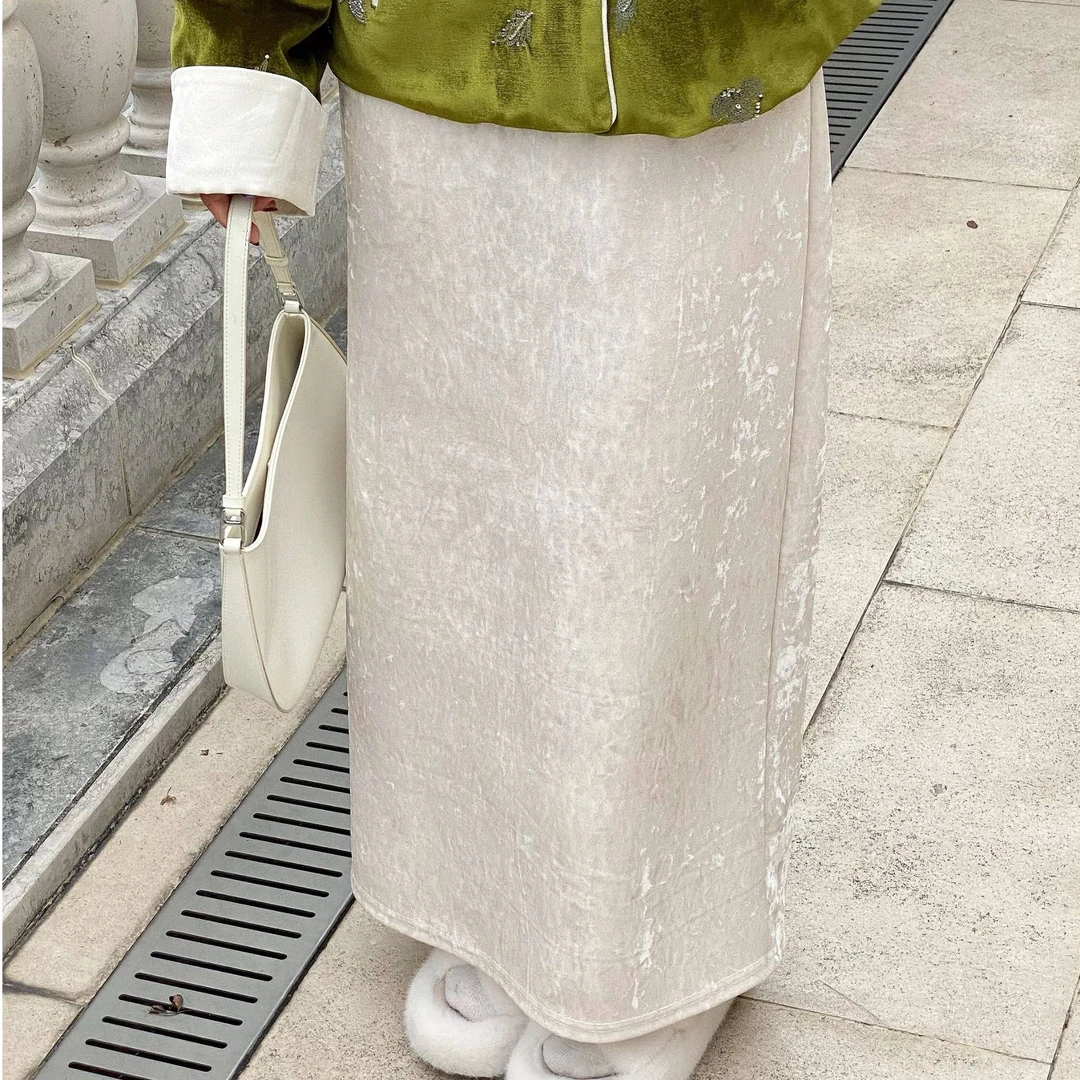 【斑竹裙】小精致风格百搭后开叉松紧腰半身裙