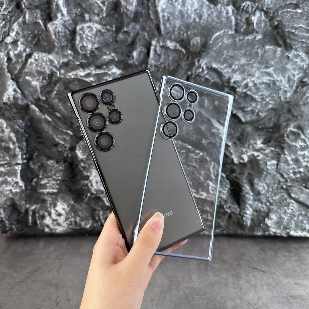 适用三星S23Ultra电镀无边框手机壳S24Ultra带镜头膜透明硬壳男女
