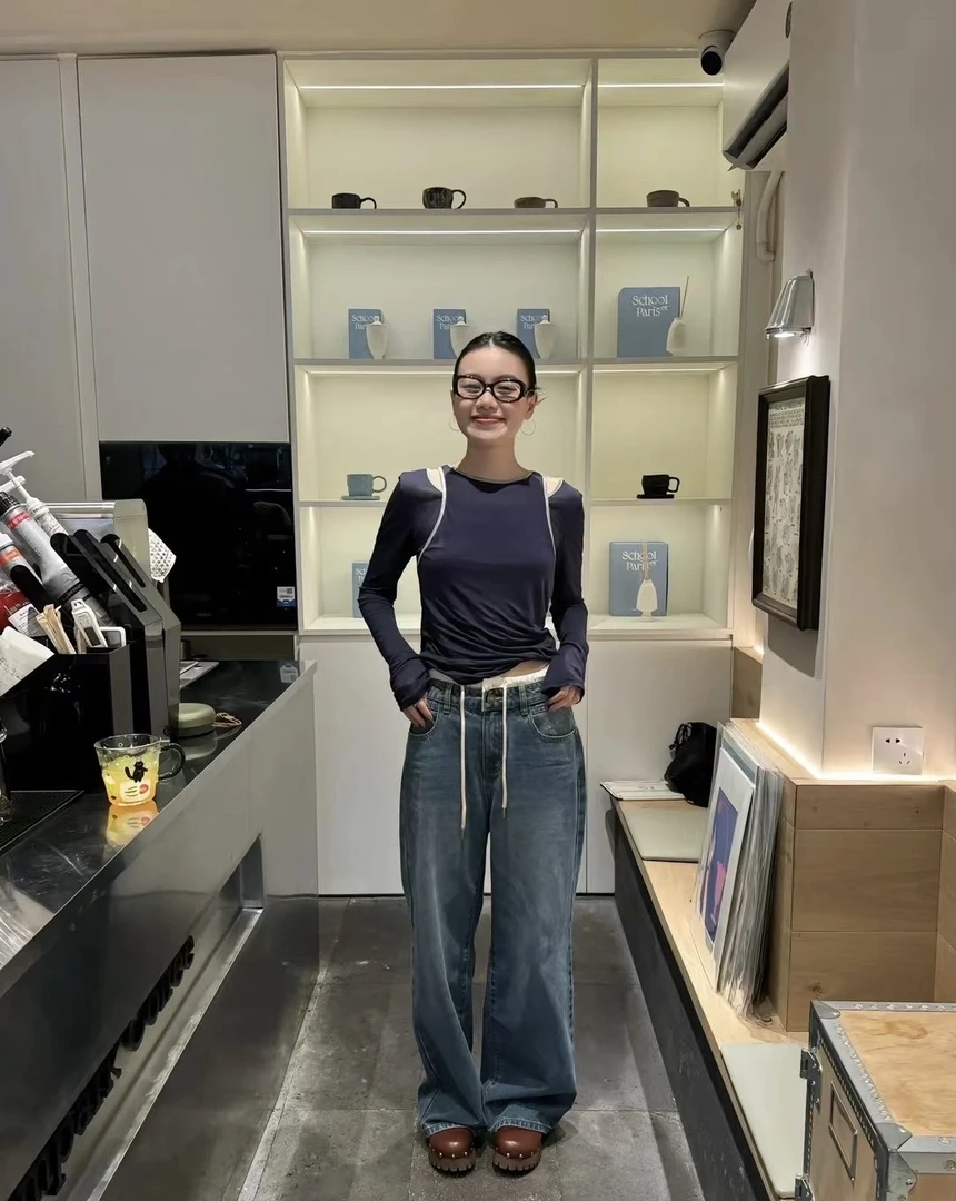 【IN.CHOOSE U】秋季打底显瘦圆领长袖蓝色两件套百搭上衣87571