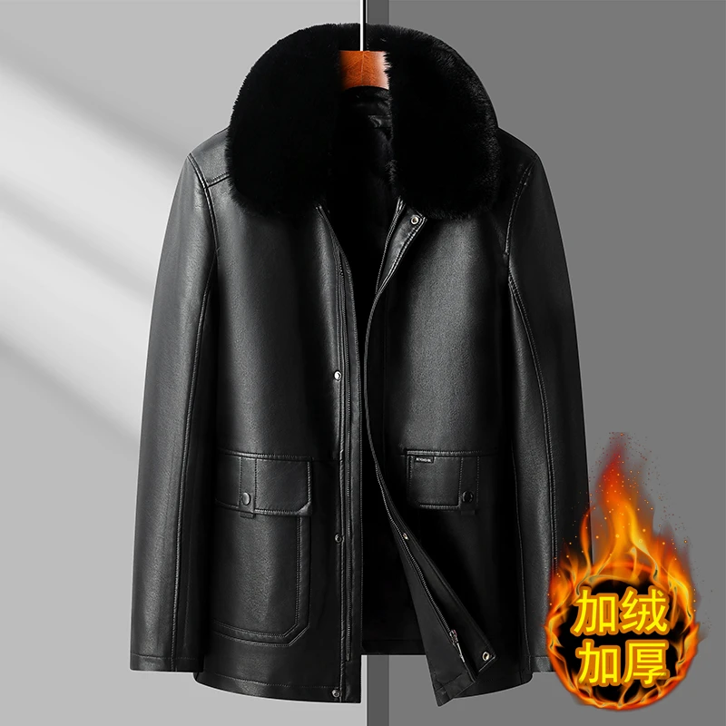 中年男士皮衣加绒加厚皮夹克可脱卸内胆外套加肥加大保暖装皮棉袄