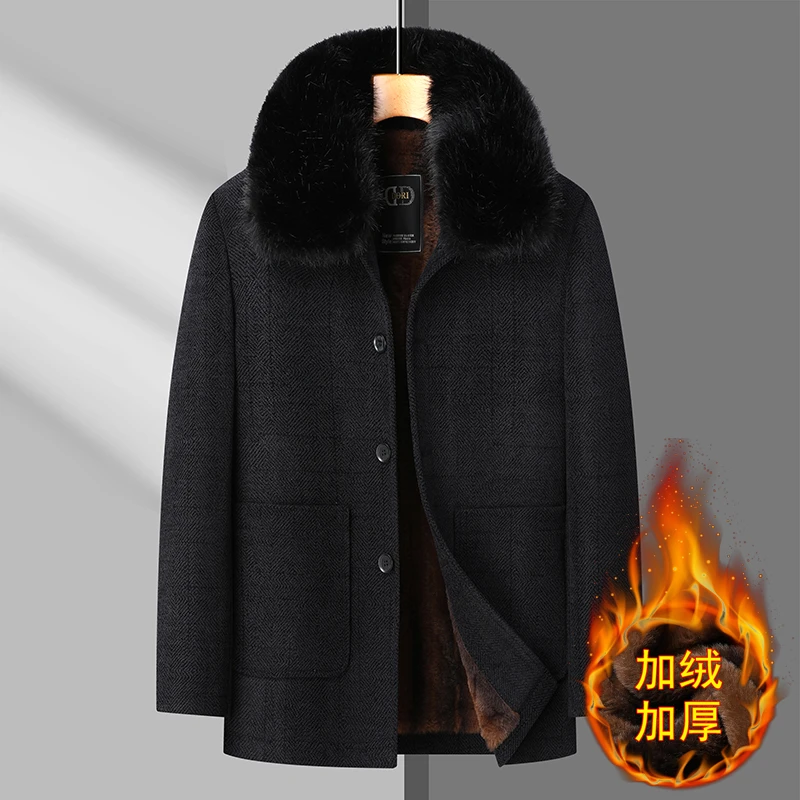 冬季外套男加绒加厚中长款雪尼尔呢子大衣男中老年爸爸装毛呢棉衣