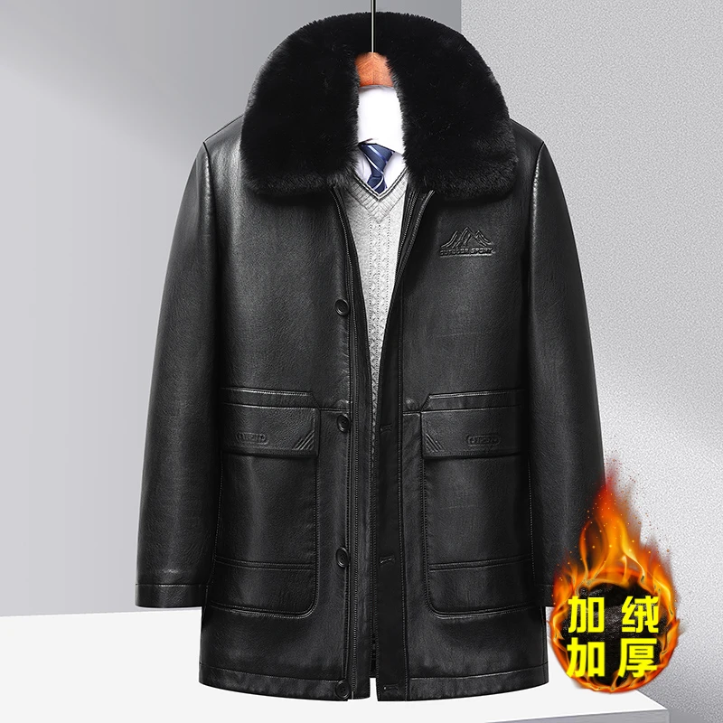 商务休闲冬季外套男中长款棉衣加绒加厚皮棉袄冬装PU皮衣中年男装