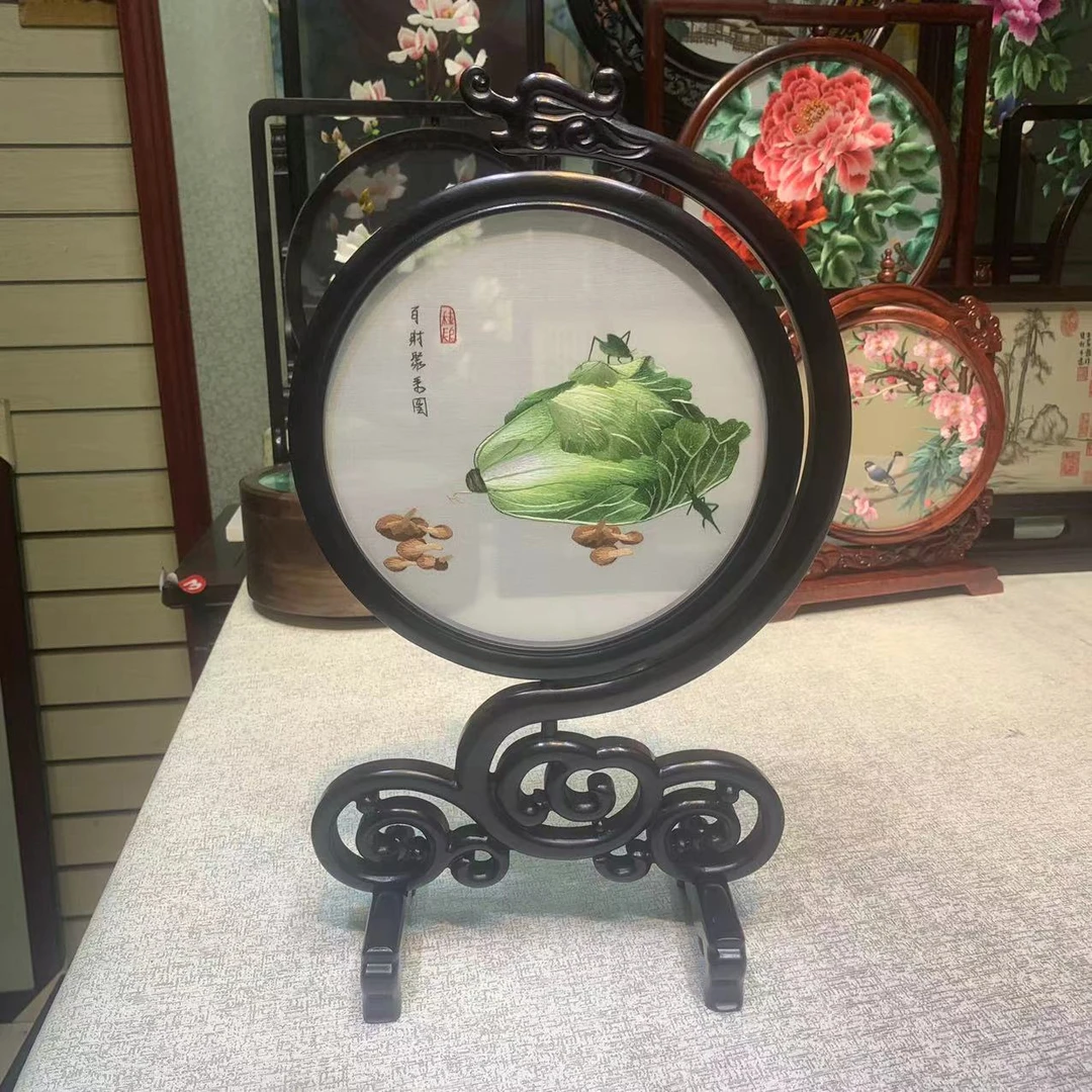 苏绣纯手工双面刺绣紫光檀实木双面绣花屏风摆件