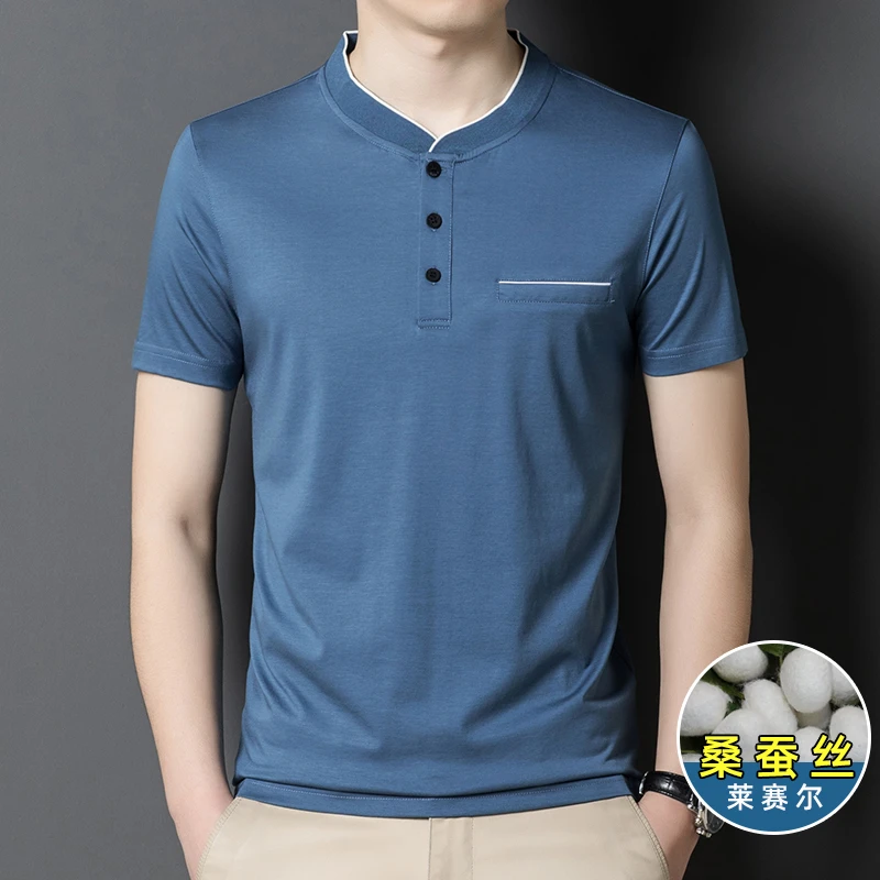 2024男士短袖T恤高档桑蚕丝冰丝薄款立领衫中年爸爸夏季体恤衫