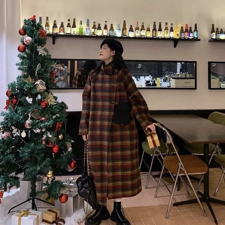 圣诞  战袍款精致格子双面大衣女中长款小立领呢外套韩版长袖网红