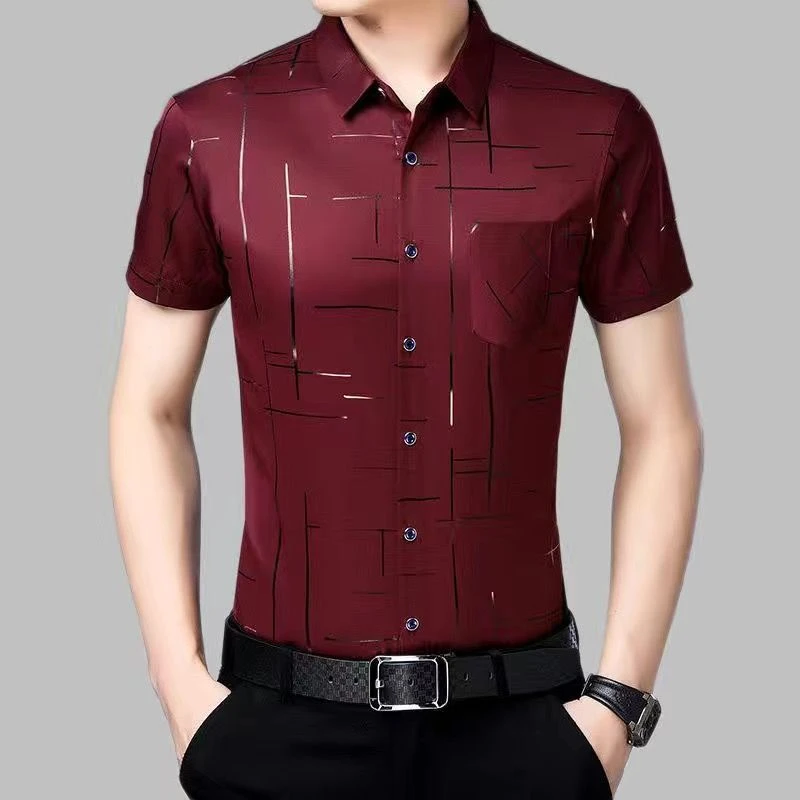 爸爸夏季新款冰丝短袖男士衬衫免烫休闲衬衣薄款印花上衣真口袋男