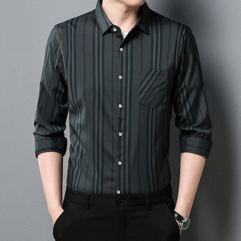 春秋季男士长袖衬衫高级感真口袋免烫商务休闲衬衣