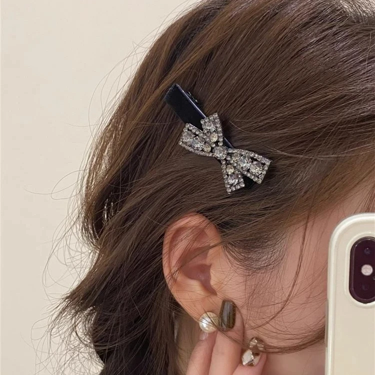 水钻黑色蝴蝶结夹子头饰发夹边夹碎发刘海夹一字夹发饰女顶夹发卡