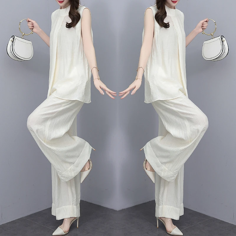 白色时尚套装女气质夏季新款垂感阔腿裤宽松无袖轻熟风时髦两件套