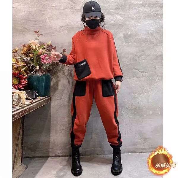 8995秋冬新款常规加绒加厚休闲大口袋时尚减龄洋气圆领宽松套装