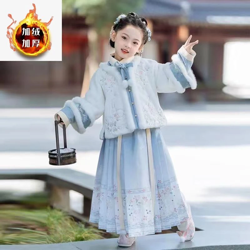 女童汉服加绒拜年服冬款加厚中国风儿童古装唐装马