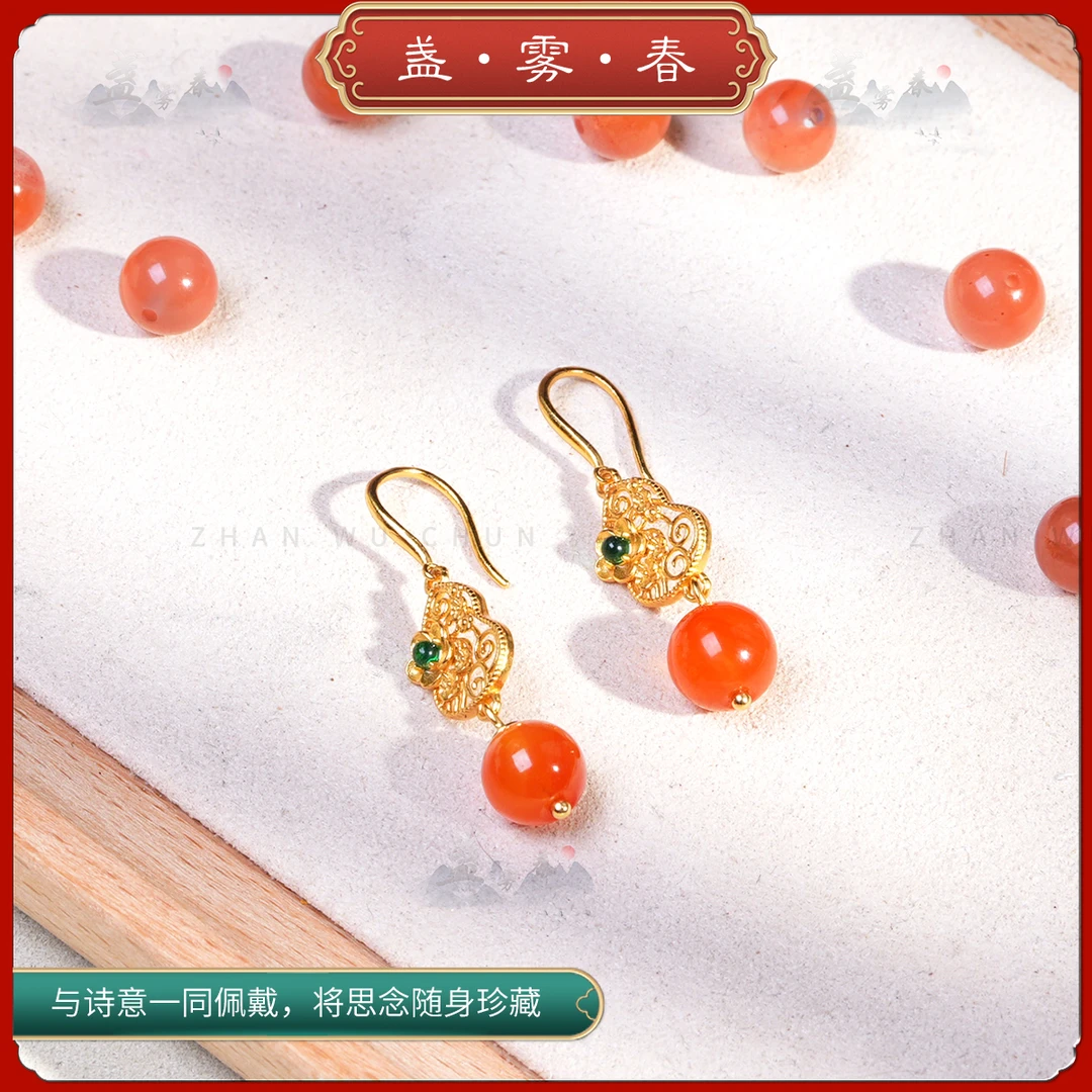 南红耳钩 国风小众中式百搭气质精选复古古风