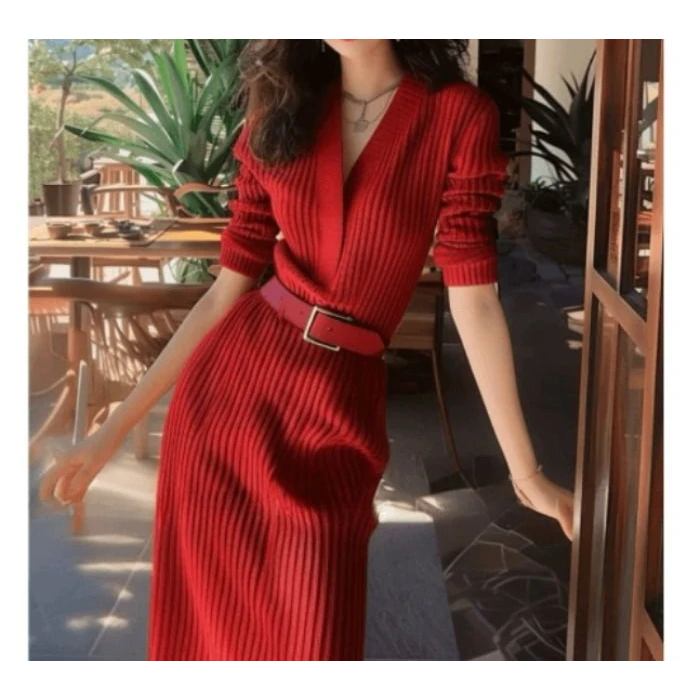 红色针织连衣裙2024早秋新款秋装气质高级感收腰长裙法式裙子女装