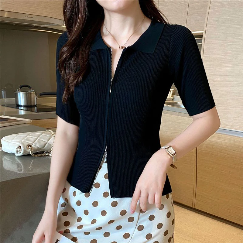 {现货}polo领双拉链中袖针织开衫女夏季薄款冰丝t恤修身短袖上衣