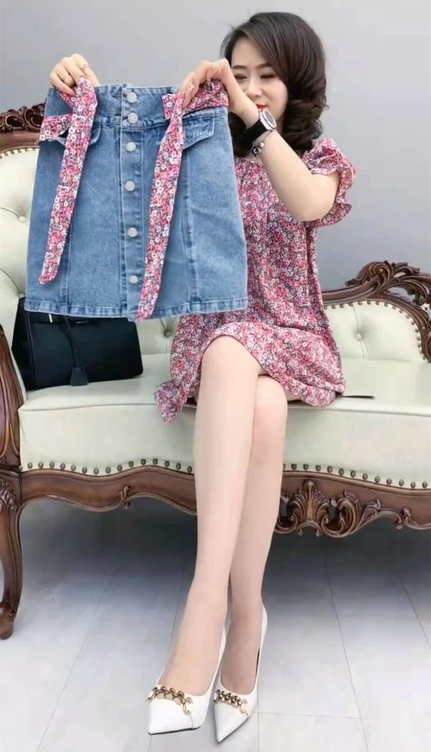 时尚套装连衣裙2024夏季新款显瘦雪纺纱中长款女裙半身牛仔裙两件