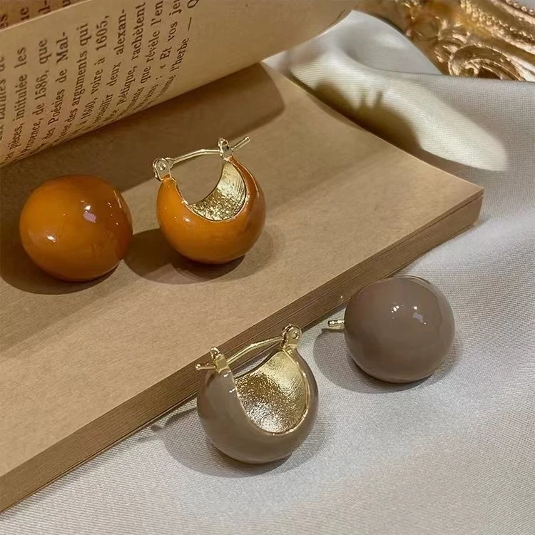 合金耳饰 复古咖色圆形气质高级耳环法式耳扣高级感耳饰