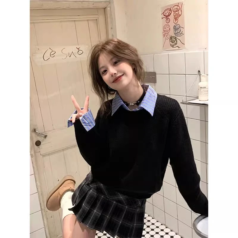 韩系学院风假两件衬衫领毛衣女秋冬2024新款松弛感慵懒针织衫上衣