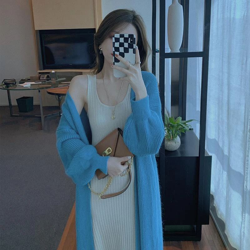 2025春秋中长款慵懒风蓝色气质开衫女外搭洋气小个子针织毛衣外套