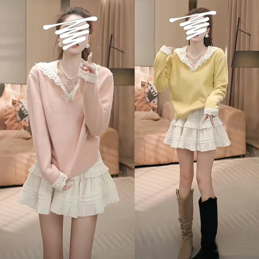 韩版温柔风蕾丝拼接连帽针织衫女2025秋冬季新款时尚百搭毛衣