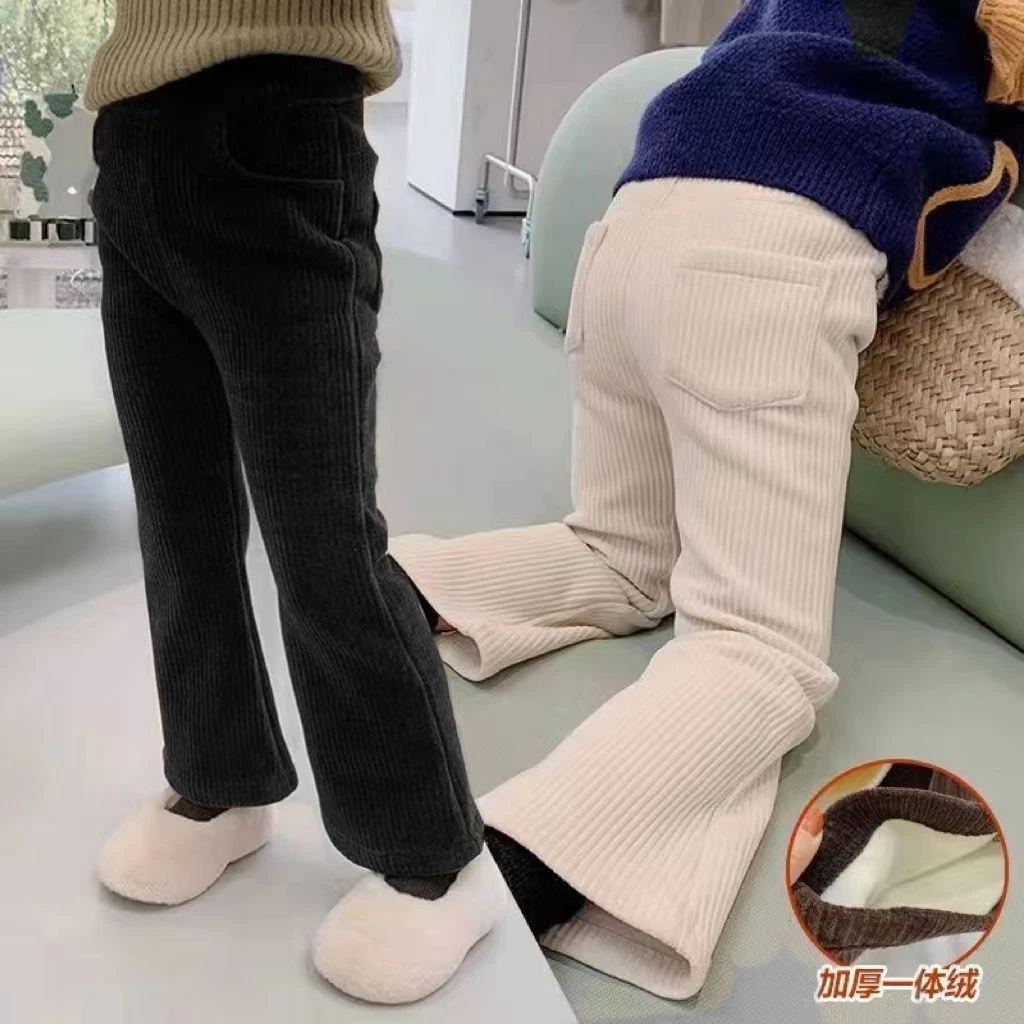 冬季大促女童裤子秋冬儿童加绒一体绒喇叭裤宝宝加厚洋气雪尼