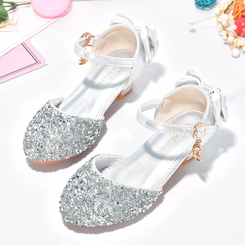 儿童演出礼服鞋子女童公主鞋银色高跟凉鞋小女孩模特走秀舞蹈皮鞋