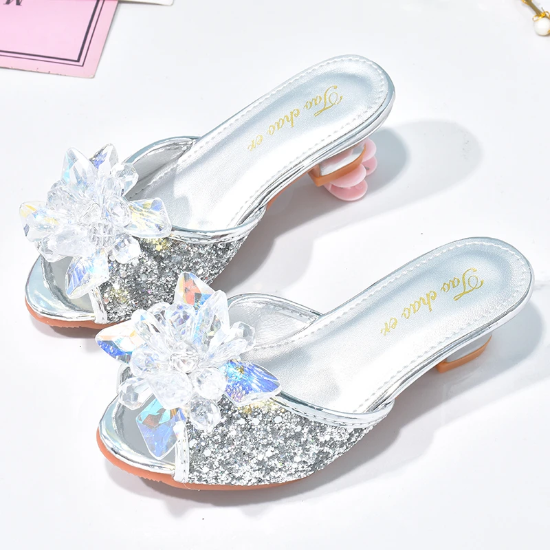 灰姑娘银色水晶鞋夏季新款女童高跟拖鞋公主童鞋儿童防滑凉拖鞋