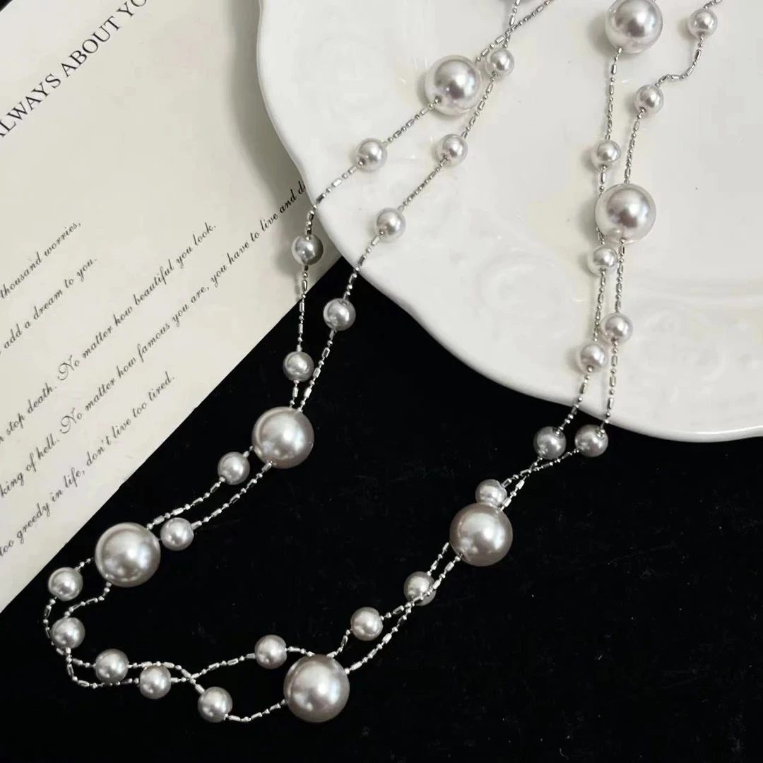 铜合金项链 毒饰高定   轻奢灰白色大小珠珠双层项链LMDS039