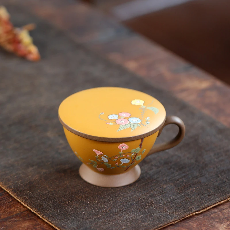 宜兴高端泥绘喇叭花盖杯小容量精品女士盖杯原矿紫泥功夫泡茶口杯