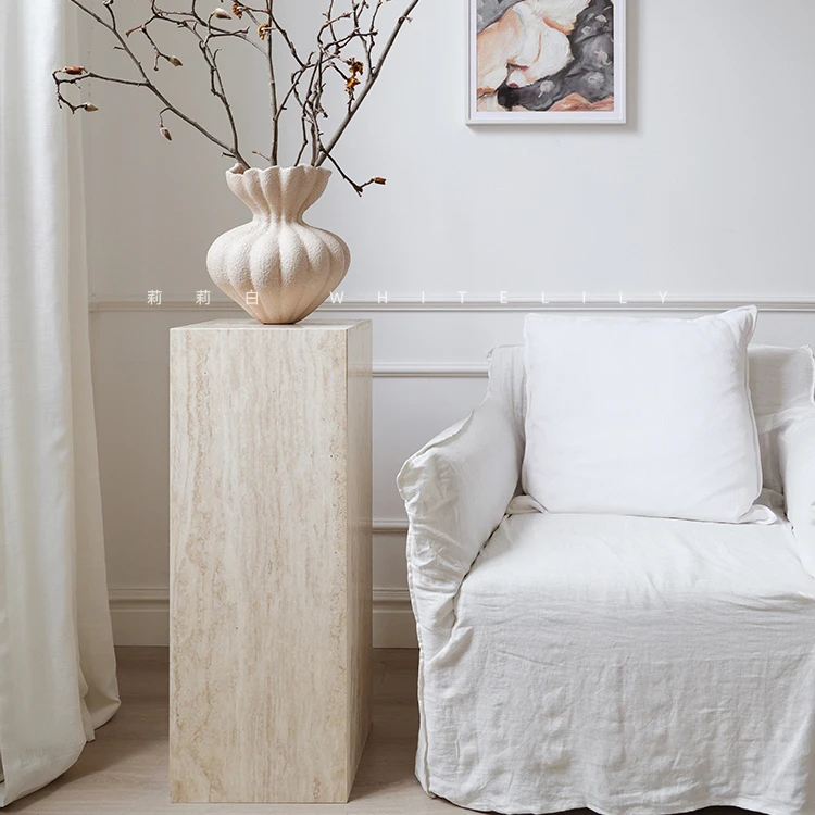 莉莉白中古风洞石柱子大理石底座雕塑摆件台落地玄关装饰展台岛台