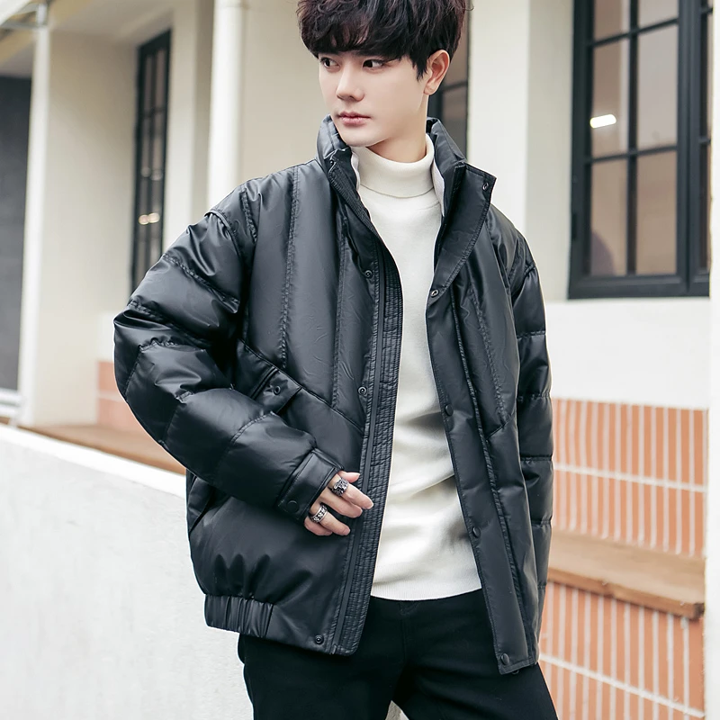 潮牌PU皮立领亮面羽绒服男冬季2023新款特厚保暖青年短款轻薄外套