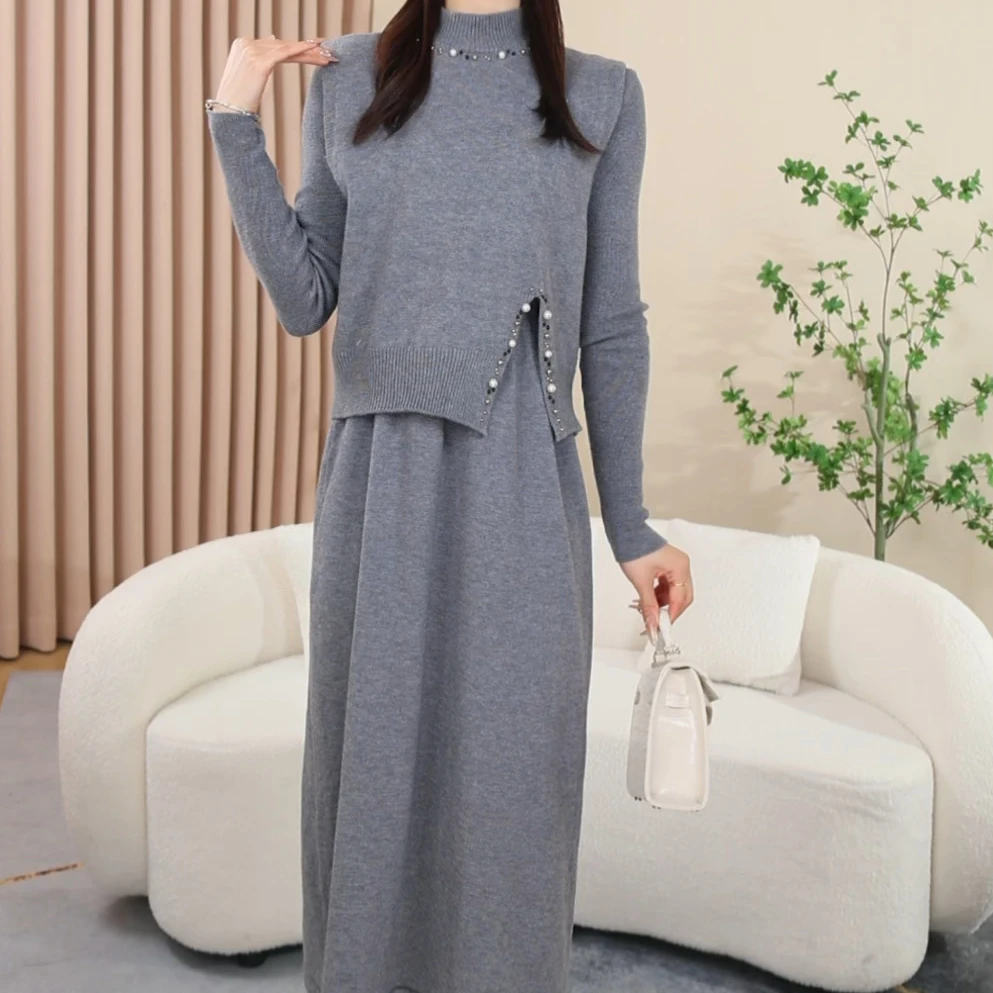 8801秋冬网红加厚韩版时尚显瘦气质新款修身中长款百搭宽松连衣裙