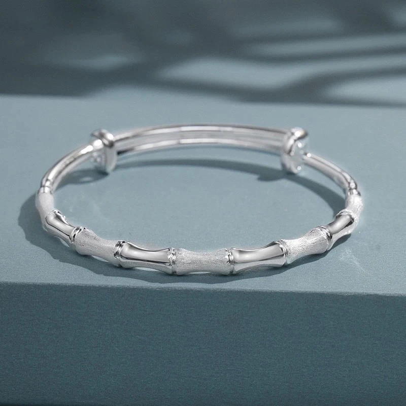 足银手镯 足银999.9竹节磨砂实心节节高升简约百搭推拉款女款银镯